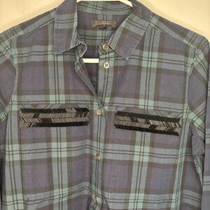 JCREW Beaded Popover Top Women 2 Green Blue Plaid Long Sleeve Flap Pocket
